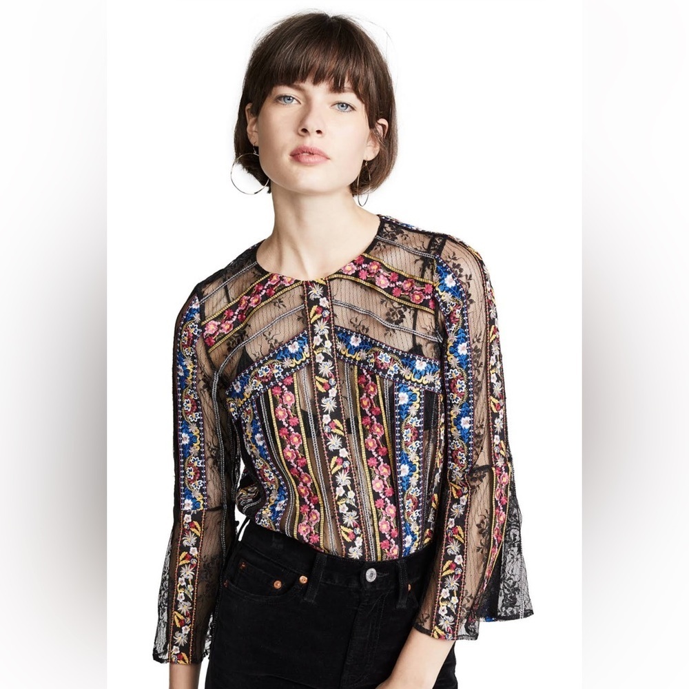 Alice + Olivia Larue Embroidered Slit-Sleeve Tip size XS